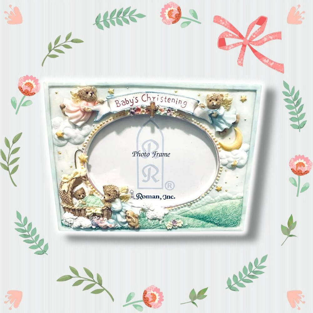 Babys Christening Baptism Photo Frame By Roman Inc. Angel Bear Theme 3D Details